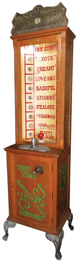 Personality Tester Coin Operated Arcade Mach.: Personality Tester Coin Operated Arcade Machine. 10 Cents. Reproduction marquis. Good working condition. 24 X 87 X 20 inches.
