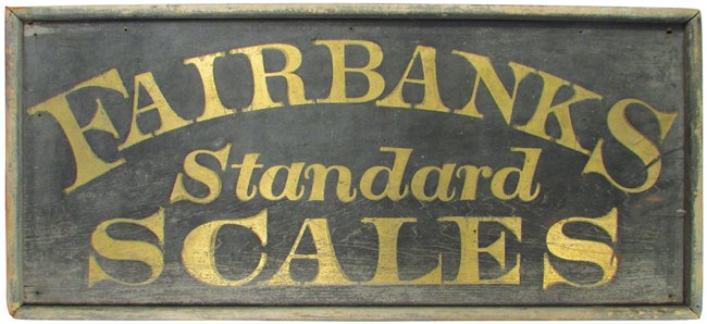 Fairbanks Standard Scales Wood Sand Sign: Fairbanks Standard Scales Wood Sand Sign. Very Good all Original condition. 41 X 18 1/2 inches.