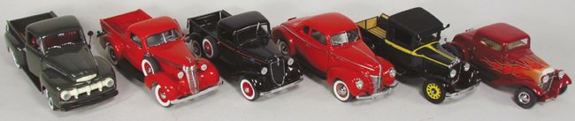 FIve Danbury & One Franklin Mint Vehicles: Five Danbury Mint Vehicles including 1951 Ford F-1 Pick-Up, 1937 Studebaker Pick-Up, 1935 Ford Pick-Up, 1940 Ford Deluxe Coupe, 1929 Dodge Pick-Up. Franklin Mint 1932 Deuce Coupe. Mint condition.