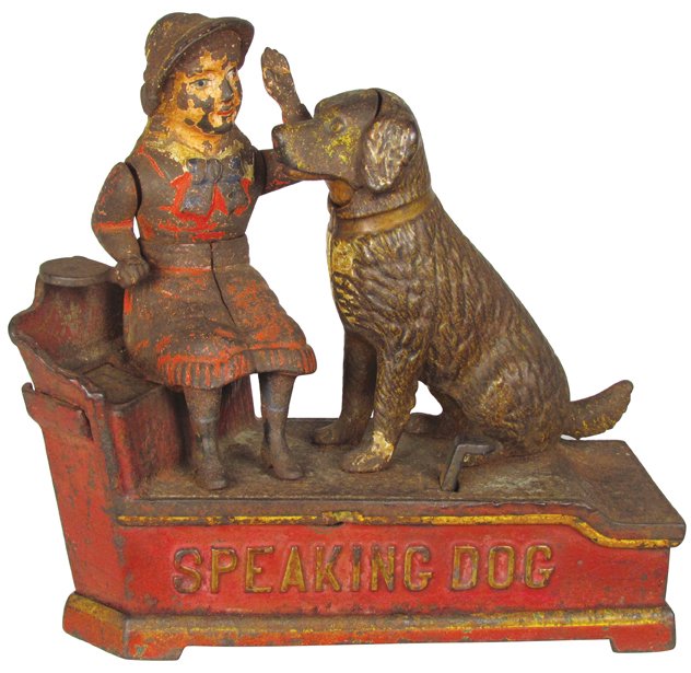 Cast Iron Speaking Dog Mechanical Bank: Cast Iron Speaking Dog Mechanical Bank. J.E. Stevens Mfg. No. 330, patent 1885. Version with rectangular coin trap. 1/3 of original paint intact otherwise good condition. 7 1/4 inches long.