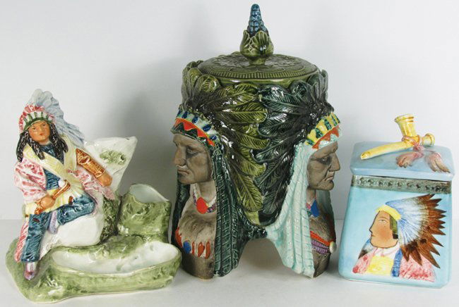 Indian Motif Tobacco Jars & Smoking Station: Native American Motif Tobacco Jars and Smoking Station. No chips or cracks, largest tobacco jar measures 9 inches tall.