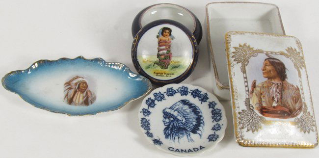 Four Native American Motif China Items: Four Native American Motif China Items. Souvenir jewel box from AZ, Tea Bag holder from Canard, Covered Soap Dish and Jewel tray. All in very good condition. Soap dishes measures 3 X 4 1/2 inches.
