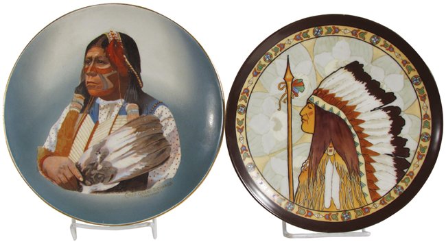 Two China Plates with Native American Motif: Two China Plates with Native American Motif. One depicting Chief Grant Richards (Tonskawa). Haviland France hand painted Native American Image by artist Blanche Lazzell, 1911.