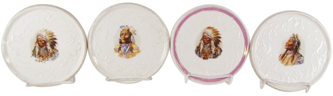 4 Embossed China Trivets Native American Motif: Four Embossed China Trivets Native American Motif. Each depicting Native American Chiefs. Very good condition. 6 1/4 inch diameter.