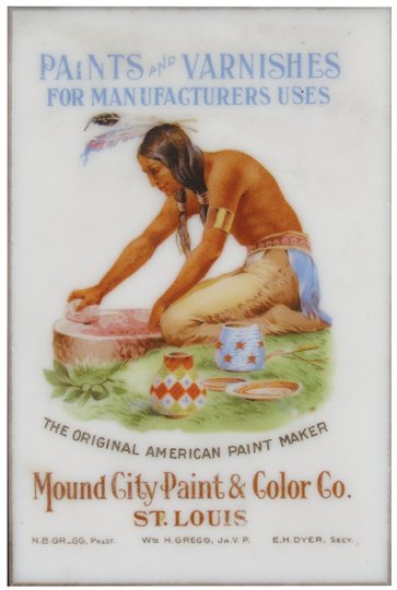 Mound City Paint & Color Co. Ceramic Tile: Mound City Paint & Color Company Advertising Ceramic Tile. Native American image, beautiful color and graphics. 3 1/4 X 5 inches.