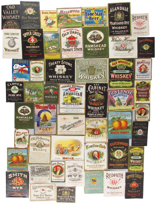 Collection of Approximately 260 Vintage Bottle Labels: Collection of Approximately 260 Vintage Bottle Labels for Wine, Beer and Whiskey. 62 different varieties. Unused stock. Airport Whiskey Label measures 3 X 4 inches.