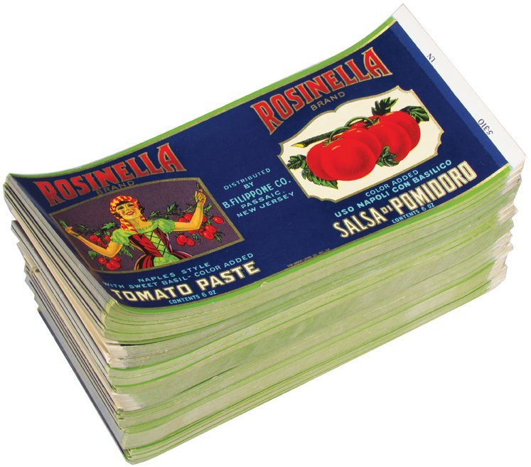 Quantity of Rosinella Tomato Paste Vintage Can Labels: Quantity of Rosinella Tomato Paste Vintage Can Labels. Approximately 760 unused stock labels. 7 X 3 1/4 inches.
