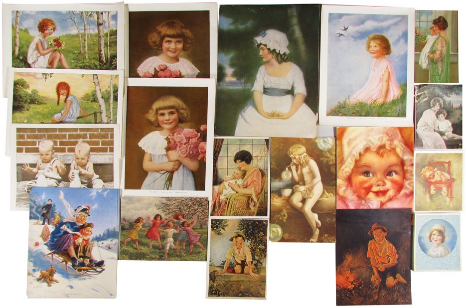Quantity of Vintage Calendar Top Stock Prints: Quantity of Vintage Calendar Top Stock Prints. Approximately 97 unused prints. 18 different stock images including (50) 1228-Mollie, Little Dutch Girl, measures 4 1/4 X 5 1/4 inches.