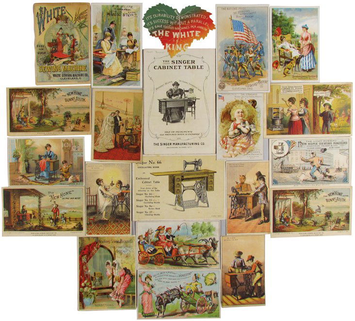 Collection of Sewing Machine Related Trade Cards: Collection of 22 Sewing Machine Related Antique Trade Cards. 20 different cards including Standard, New Home, The White, Domestic, Household, Singer and Crown. The Singer Cabinet Table brochure measur