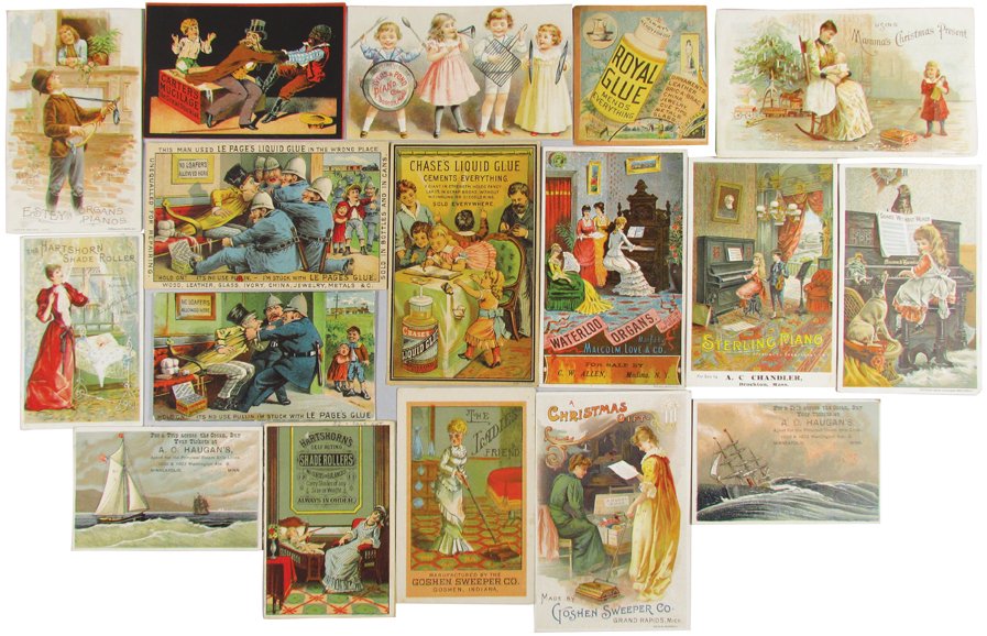 Collection of Miscellaneous Antique Trade Cards: Collection of Miscellaneous Antique Trade Cards. 17 different cards. Ocean Trip Tickets, Shade Rollers, Pianos and Organs, Glue and Floor Sweepers. The Goshen Sweeper measures 3 1/2 X 5 inches.