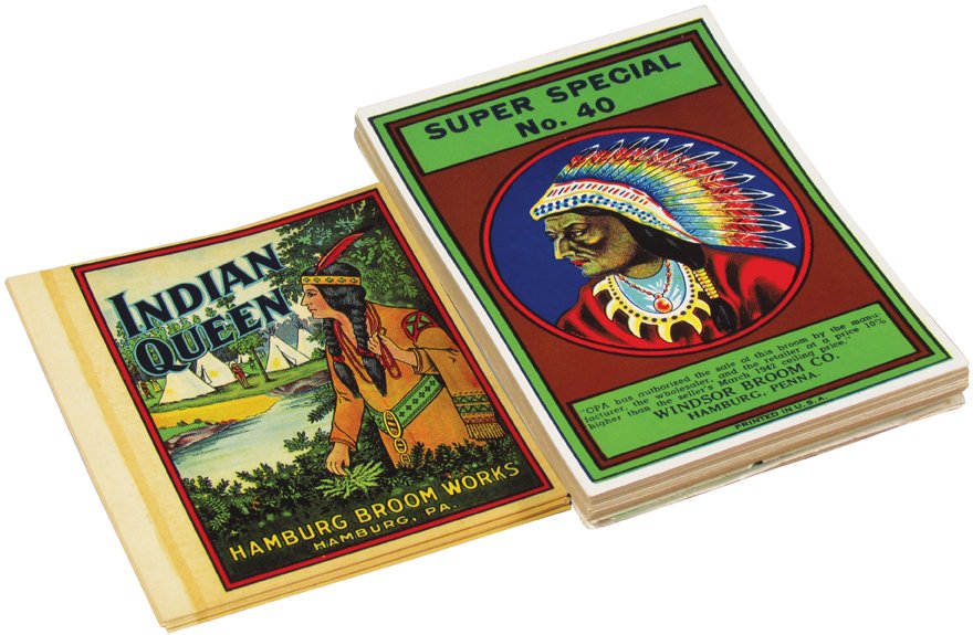 Quantity of Vintage Broom Paper Labels: Quantity of Vintage Broom Paper Labels. Approximately 115 labels. 2 different brands with Native American Motif. Indian Queen and Super Special No. 40. 4 X 5 1/2 inches. Super Special measures 3 1/2 X
