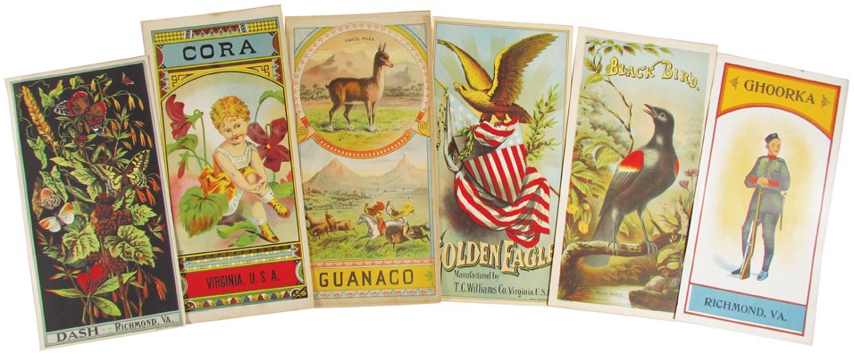 Collection of Vintage Tobacco Crate Labels: Collection of Vintage Tobacco Crate Labels. 24 unused stock labels. 6 different varieties including (1) Choorka, (1) Dash, (8) Black Bird, (5) Golden Eagle, (6) Guanaco and (3) Cora. Cora measures 6 5