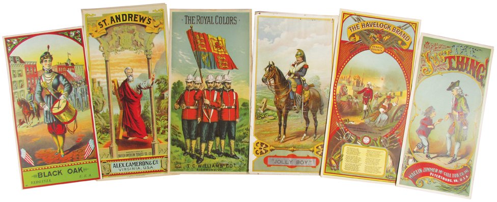 Collection of Vintage Tobacco Crate Labels: Collection of Vintage Tobacco Crate Labels. 12 unused stock labels. 9 different varieties including (2) Just Thing, (4) The Havelock Brand, (2) Jolly Boy, (1) The Royal Colors, (2) St. Andrew's and (1