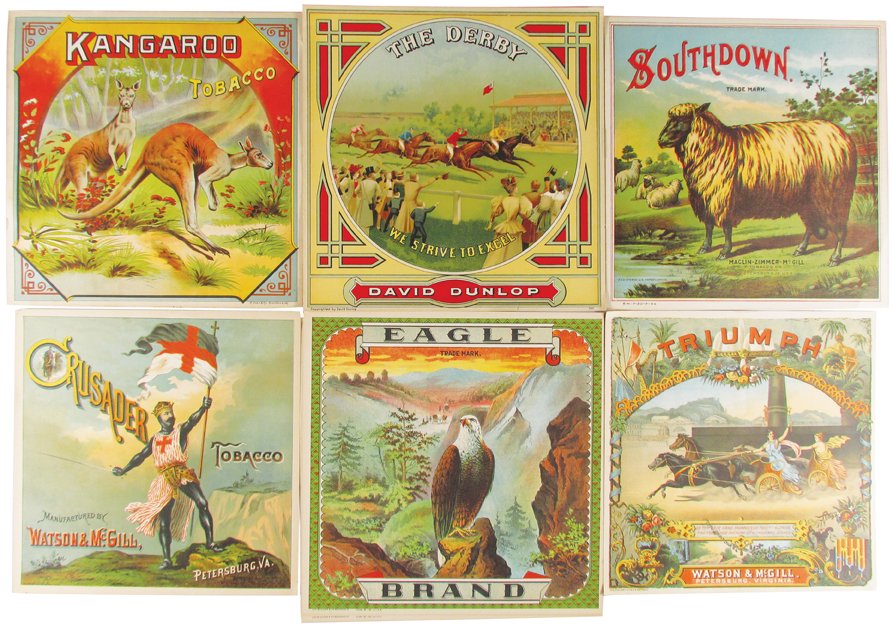 Collection of Vintage Tobacco Crate Labels: Collection of Vintage Tobacco Crate Labels. 14 unused stock labels. 6 different varieties including (2) Crusader, (1) Kangaroo, (1) Derby, (1) Triumph, (4) Southdown, (5) Eagle. Eagle measures 10 3/4
