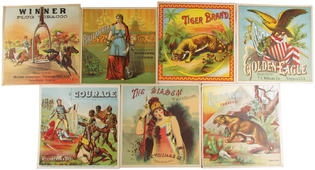 Collection of Vintage Tobacco Crate Labels: Collection of Vintage Tobacco Crate Labels. 18 unused stock labels. 7 different varieties including (3) Leopard, (2) The Diadem, (1) Courage, (2) Golden Eagle, (2) Tiger Brand, (7) Britannia and (1) W