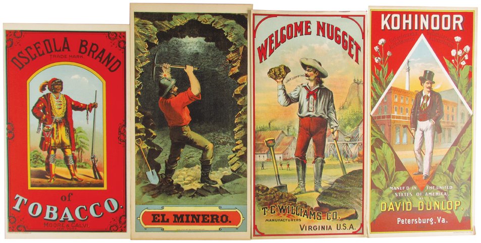 Collection of Vintage Tobacco Crate Labels: Collection of Vintage Tobacco Crate Labels. 6 unused stock labels. 4 different varieties including (1) Osceola Brand, (1) El Minero, (2) Welcome Nugget and (2) Kohinoor. Osceola Brand measures 7 1/8 X