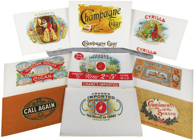 Collection of Vintage Cigar Box Labels: Collection of Vintage Cigar Labels. Approximately 84 unused stock labels. 9 different varieties including Champagne Cigar, measures 9 X 7 inches.