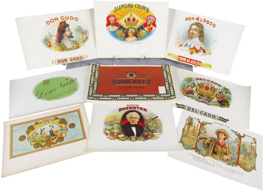 Collection of Vintage Cigar Box Labels: Collection of Vintage Cigar Labels. Approximately 144 unused stock labels. 9 different varieties including Del-Cado, measures 10 X 6 1/2 inches.