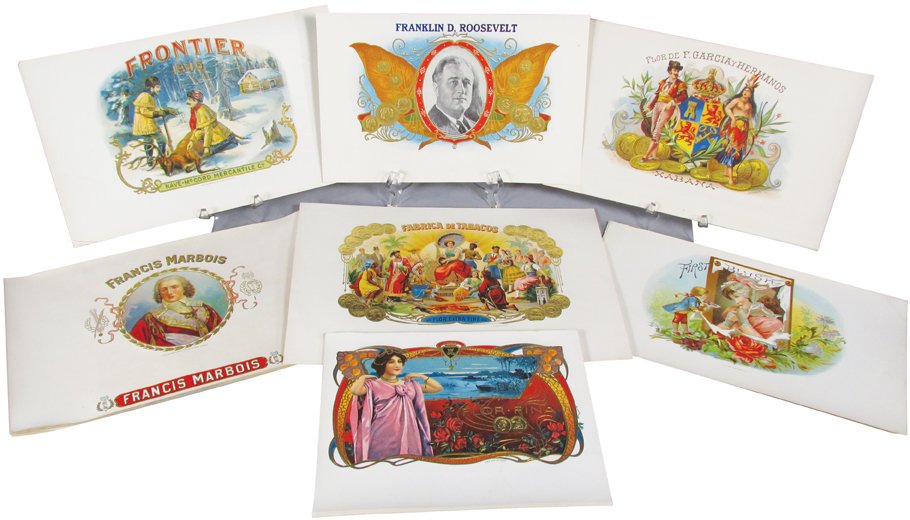 Collection of Vintage Cigar Box Labels: Collection of Vintage Cigar Labels. Approximately 65 unused stock labels. 8 different varieties including Franklin D. Roosevelt, measures 9 X 5 3/4 inches.
