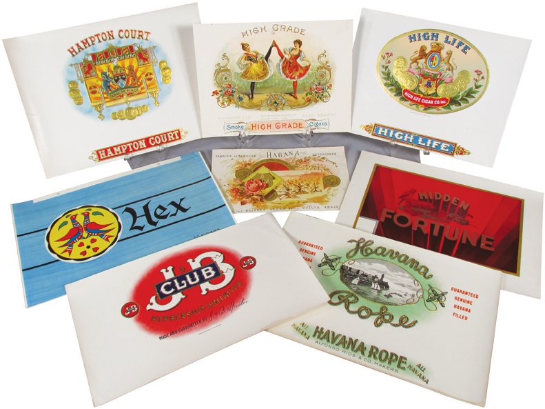 Collection of Vintage Cigar Box Labels: Collection of Vintage Cigar Labels. Approximately 43 unused stock labels. 8 different varieties including High Grade, measures 8 X 6 inches.