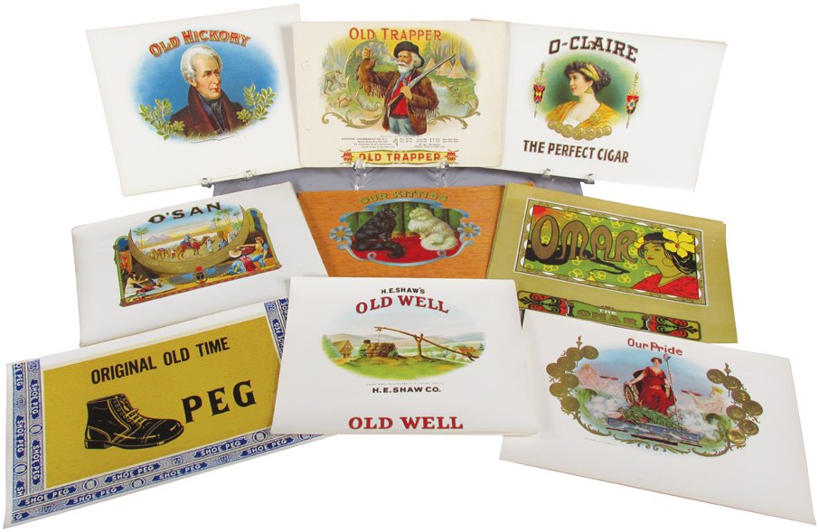 Collection of Vintage Cigar Box Labels: Collection of Vintage Cigar Labels. Approximately 191 unused stock labels. 9 different varieties including Old Trapper, 8 1/2 X 6 inches.