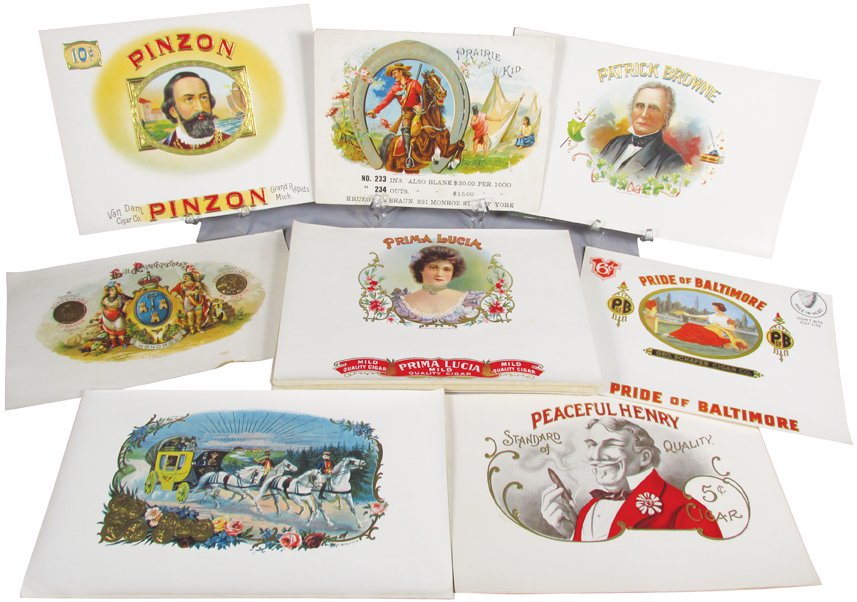 Collection of Vintage Cigar Box Labels: Collection of Vintage Cigar Labels. Approximately 106 unused stock labels. 7 different varieties including Prairie Kid, measures 7 3/4 X 5 3/4 inches.