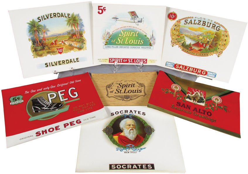 Collection of Vintage Cigar Box Labels: Collection of Vintage Cigar Labels. Approximately 59 unused stock labels. 7 different varieties including Spirit of St Louis, measures 7 3/4 X 6 3/4 inches.