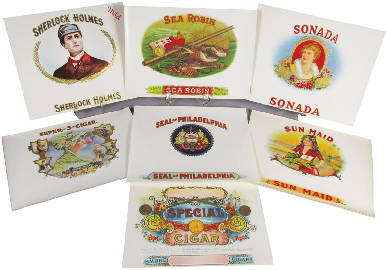 Collection of Vintage Cigar Box Labels: Collection of Vintage Cigar Labels. Approximately 74 unused stock labels. 7 different varieties including Sea Robin, measures 10 X 6 1/4 inches.