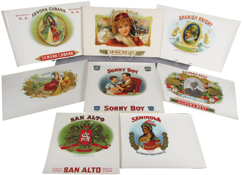 Collection of Vintage Cigar Box Labels: Collection of Vintage Cigar Labels. Approximately 100 unused stock labels. 8 different varieties including Snow Belle, measures 10 X 6 inches.
