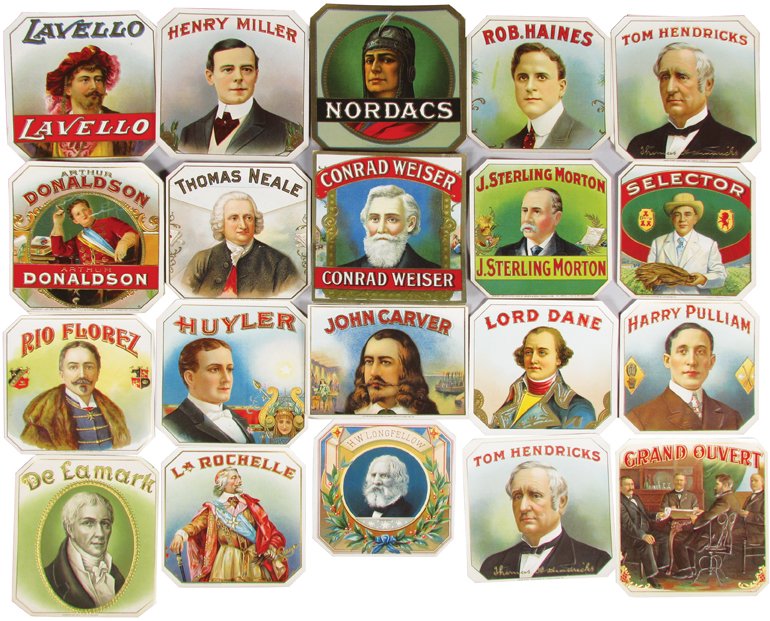Collection of Vintage Die Cut Cigar Box End Labels: Collection of Vintage Die Cut Cigar Box End Labels. Approximately 49 unused stock labels. 20 different varieties including H.W. Longfellow, measures 4 1/4 inches square.