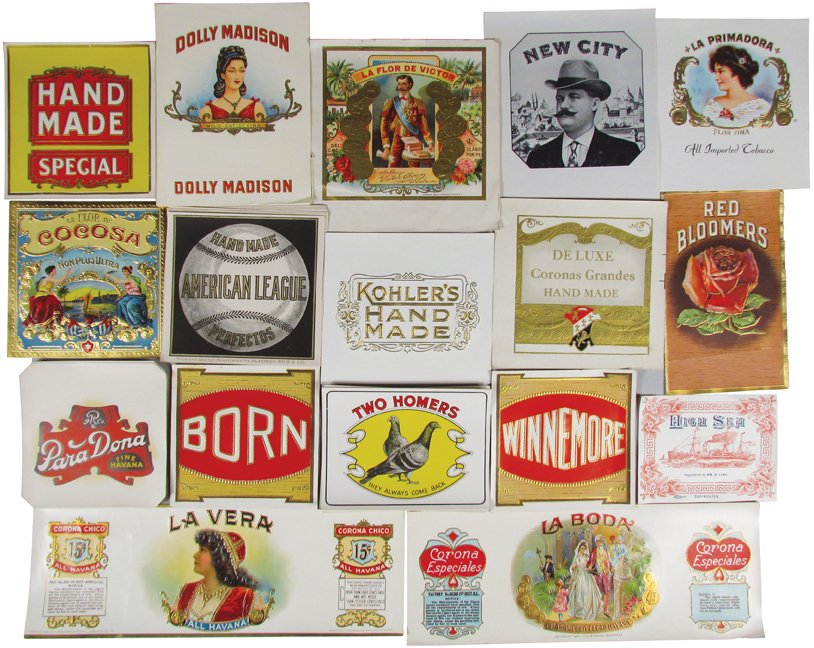 Collection of Vintage Cigar Box End Labels: Collection of Vintage Cigar Box End Labels. Approximately 102 unused stock labels. 17 different varieties including Para Dona, measures 4 1/2 inches square.