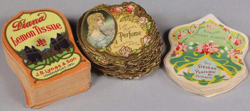 Quantity of Vanity Items Vintage Paper Labels: Quantity of Vintage Vanity Items Paper Labels. Approximately 200 labels. 3 different varieties including Diana Lemon Tissue, Lady Marian Perfume and The Stevens Perfume Co. Perfume. Lady Marian measur