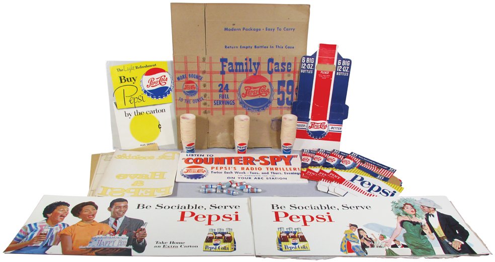 Quantity of Pepsi Advertising Items: Quantity of Pepsi Advertising Items. Approximately 98 items including paper posters, sewing kits, cups, decals and 16 oz. size cardboard six packs.