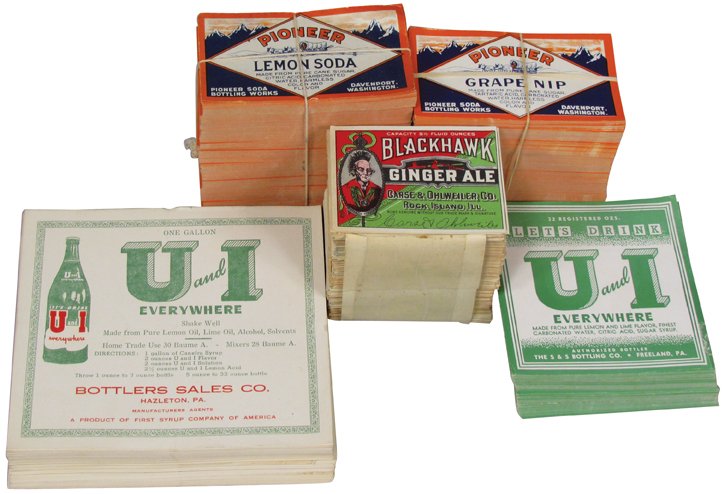 Quantity of Vintage Soda Bottle Paper Labels: Quantity of Vintage Soda Bottle Paper Labels. Approximately 3500 labels. 5 different varieties including Pioneer Lemon and Grape Nip, U & I (large and small size)and Black Hawk Ginger Ale. NOS conditi