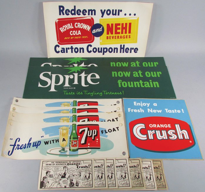 Collection of Soda Fountain Signs and Decals: Collection of Soda Fountain Signs and Decals. 16 pieces, 5 different including Sprite, Nehi, Orange Crush and 7-UP. Orange Crush decal measures 9 5/8 inch square.
