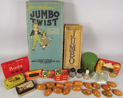 Collection of Vintage Candy Boxes and Containers: Collection of Vintage Candy Boxes and Containers. 25 items including Wilbur Chocolate "Buds", Charlie Yungers Mints, Nibs, Jumbo Candy bars and Licorice. Figural glass candy containers and more.
