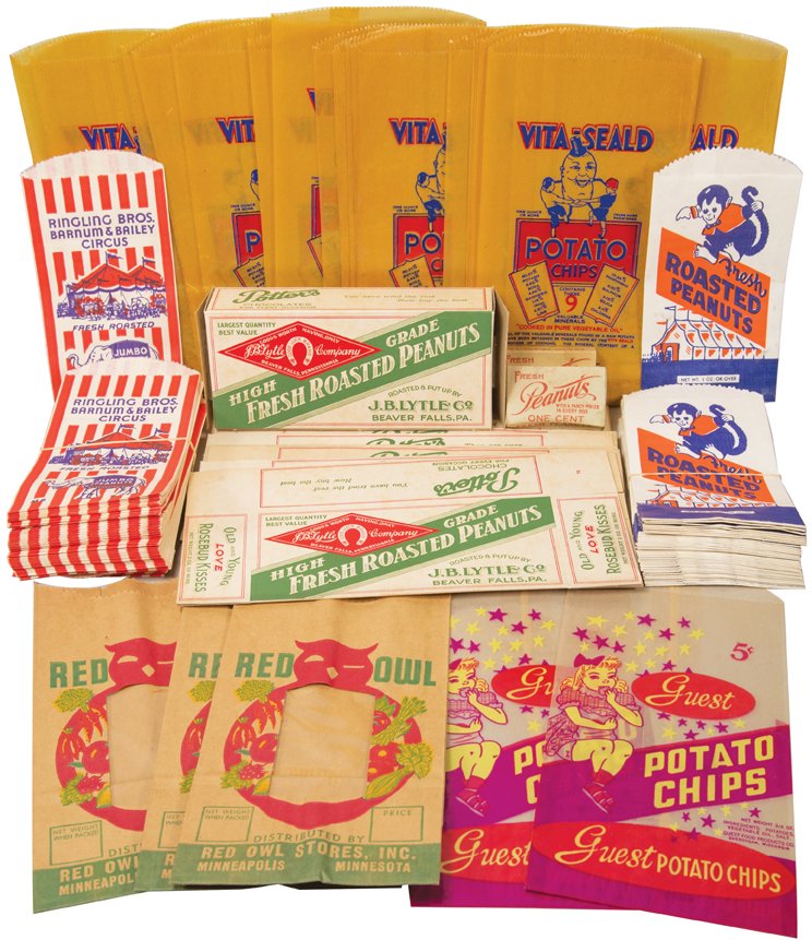 Quantity of Vintage Peanut and Potato Chip Bags: Quantity of Vintage Peanut and Potato Chip Bags/Boxes. Approximately 150 total items. 6 different brands including Ringling Brothers and monkey motif peanut bags. Gillett Novelty and J.B. Lytle Co. Pe