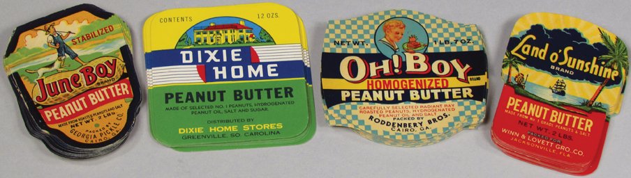 Collection of Peanut Butter Vintage Paper Labels: Collection of Peanut Butter Vintage Paper Labels. Approximately 142 labels. 4 different varieties including 4 different varieties including Dixie Home, Oh! Boy, June Boy and Land o'Sunshine. Dixie Hom