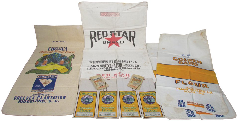 Collection of Vintage Linen Milling Sacks: Collection of Vintage Linen Milling Sacks and Receipt Holders. 10 total items including Tiedemann's Pride receipt holders. Columbian Flour paper bags, Chelsea Seed Corn, Golden Band Flour and Hayden F