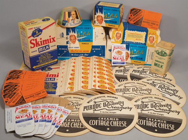 Quantity of Vintage Dairy and Milling Items: Quantity of Vintage Dairy and Milling Items. Approximately 270 total items. 8 different varieties including Bing Crosby Ice Cream cartons, Carnation labels, Skim milk boxes, Meadow Gold product tags a