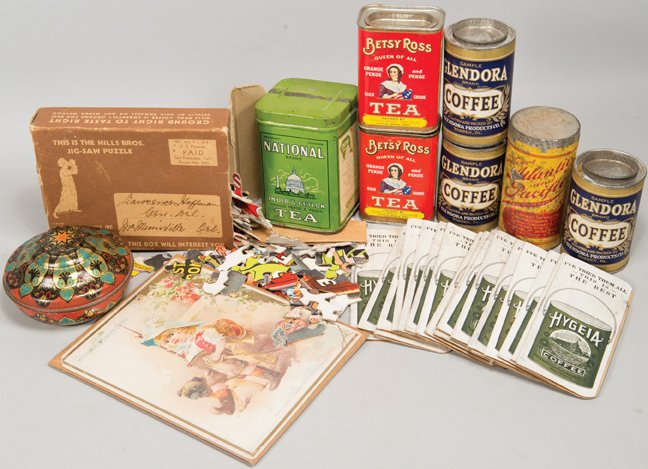Quantity of Vintage Coffee and Tea Related Items: Quantity of Vintage Coffee and Tea Related Items. 28 total items. Mc Laughlin's Coffee trade card, Hygeia Coffee needle cards, Glendora Sample Tins, Hills Bros Jig Saw Puzzle, Betsy Ross and National 