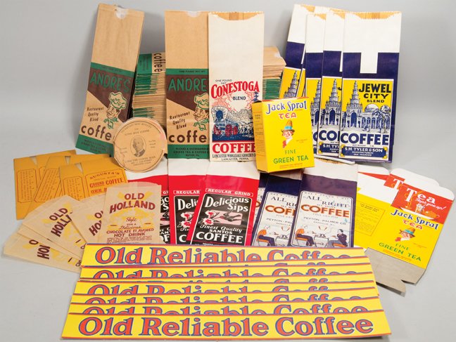 Quantity of Vintage Coffee and Tea Related Items: Quantity of Vintage Coffee and Tea Related Items. Approximately 135 total items. Old Reliable Coffee shelf strips. Quantity of Coffee bags 6 different brands including Andre's, All Right, delicious Si