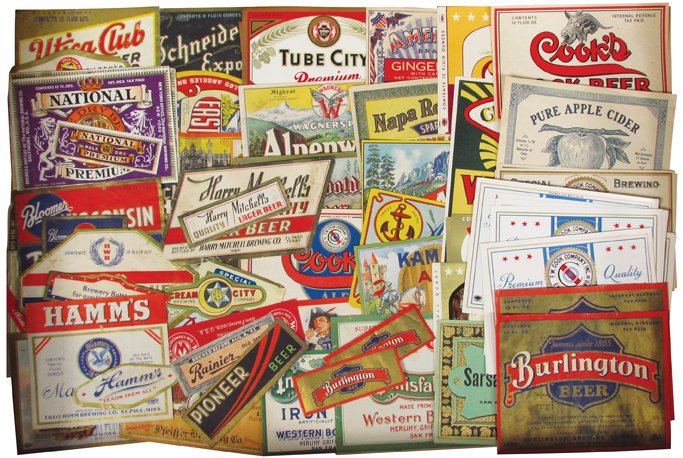 Collection of Vintage Beer Bottle Labels: Collection of Vintage Beer/Soda Bottle Labels. 83 total labels. Many varieties including Cooks Bock Beer, Tube City, Hamm's, Anchor Steam, Kamm's Ale, Rainier and more. Various conditions mostly NOS.