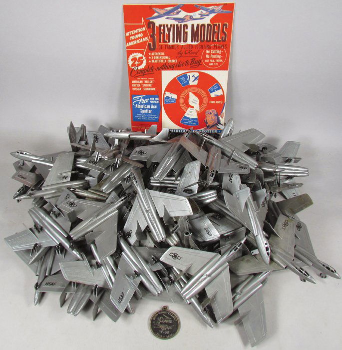 Quantity of Magic-Guide Plastic Airplanes: Quantity of Magic-Guide Plastic Airplanes. Approximately 50 F7U-Cutlass plastic planes. Made b y Addco Products, Detroit, Mich. 3 Flying Models of Famous Allied Fighting Planes-paper airplanes. 50th A