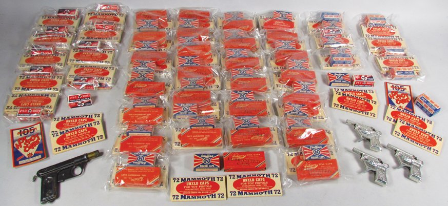 Collection of Vintage Toy Cap Pistols and Caps: Collection of Vintage Toy Cap Pistols and Caps. Approximately 44 caps and 4 guns. Eagle, Unxld, Kilgore and Stallion caps.