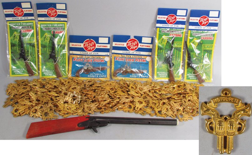 Quantity of Children's Pistol Pete Charms: Quantity of Children's Pistol Pete Charms. Approximately 400 charms. 6 Thrift Toys, Toy Flint Lock Pistol and Sharp Shooter Carbine. Pop gun. NOS condition.