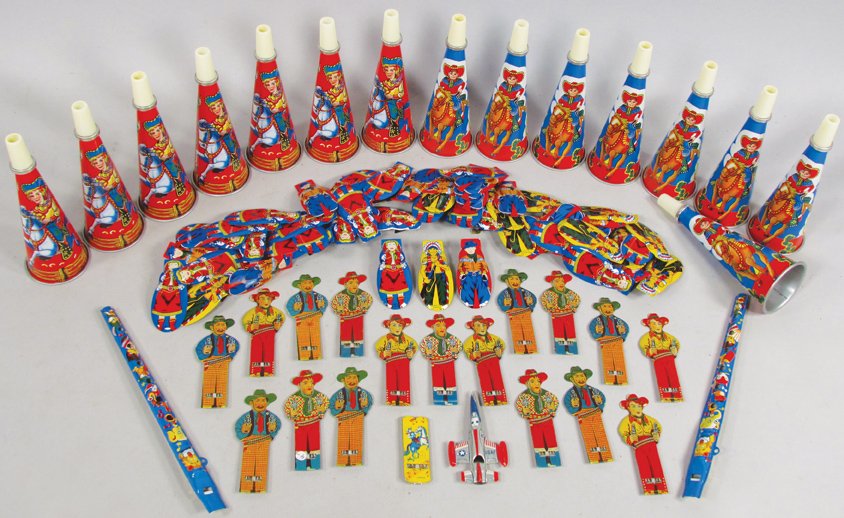 Quantity of Tin Litho Novelty Toys: Quantity of Tin Litho Novelty Toys. Horns, clickers and whistles. Native American and Cowboy motif. NOS condition.