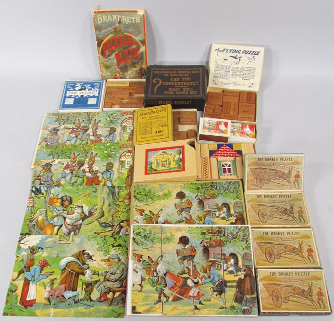 Collection of Vintage Children's Puzzles: Collection of Vintage Children's Puzzles. 9 Puzzle and sets. Dad's Puzzle set of 3 by the Standard Trailer Co. Paper litho puzzles in box, 2-2 sided puzzles. Overall good condition.