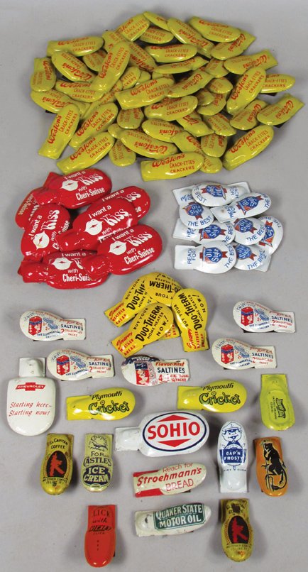 Quantity of Tin Litho Advertising Clickers: Quantity of Tin Litho Advertising Clickers. Approximately 86 total pieces. 16 different brands including Castle Ice Cream, Cap'n Frosty, Quaker State, Stroehmann's Bread, Old Style, Duo-Therm, Flavor-