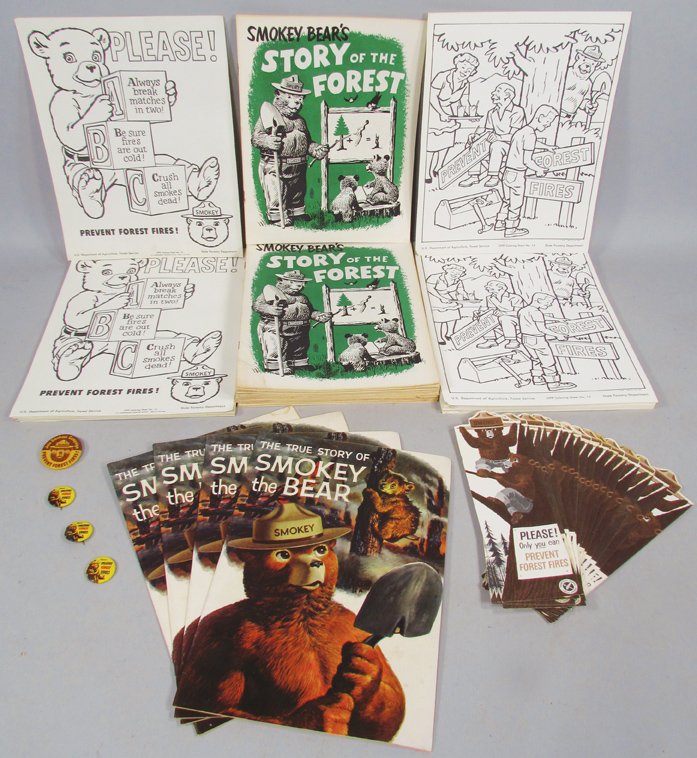 Quantity of Vintage Smokey the Bear Items: Quantity of Vintage Smokey the Bear Items. Approximately 110 total items. Forest Story, Smokey Story, coloring poster, bookmark ruler, Smokey ABC's and pinbacks. NOS condition.